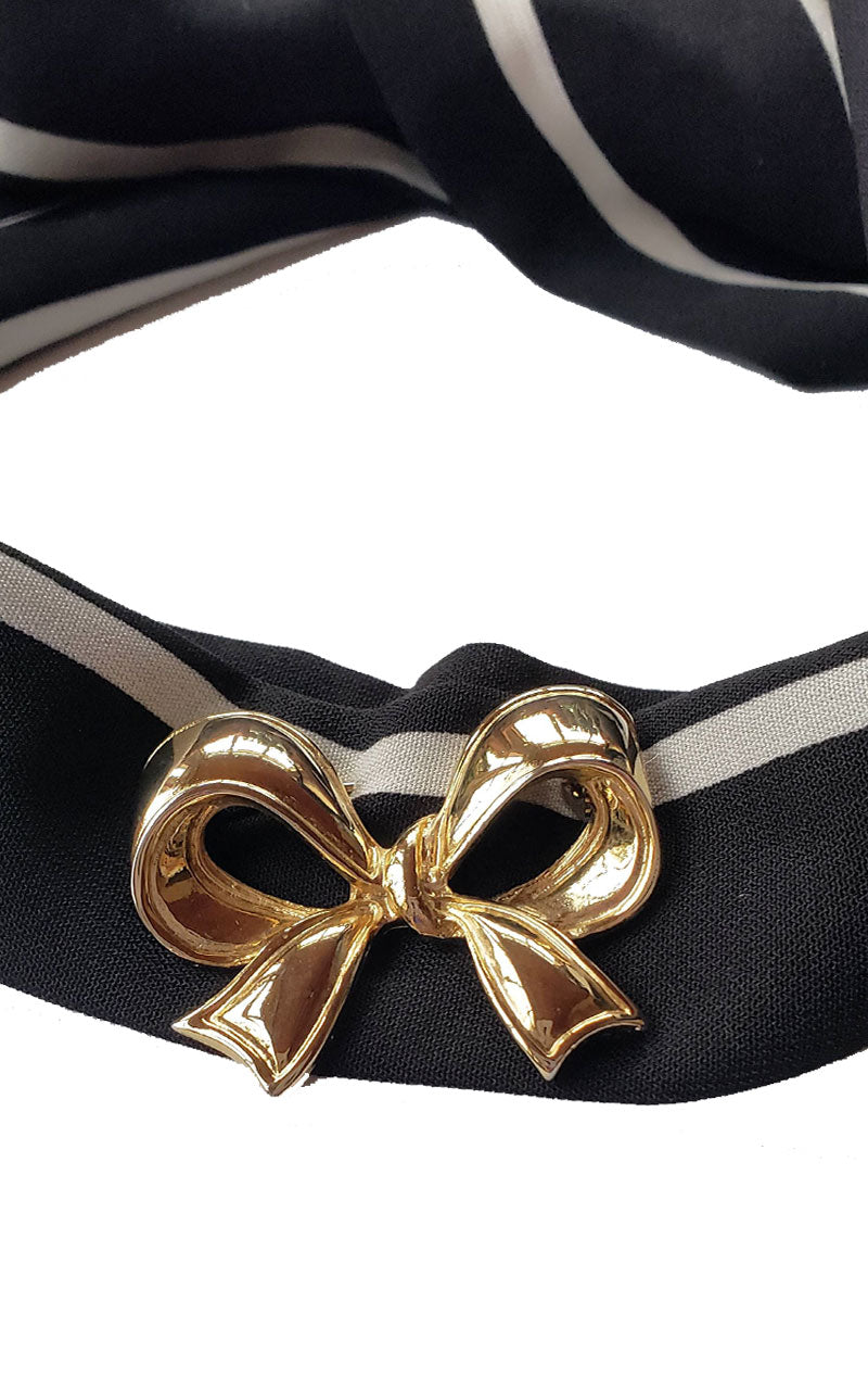 Black & White Striped Skinny Neck Tie w/Vintage Brooch