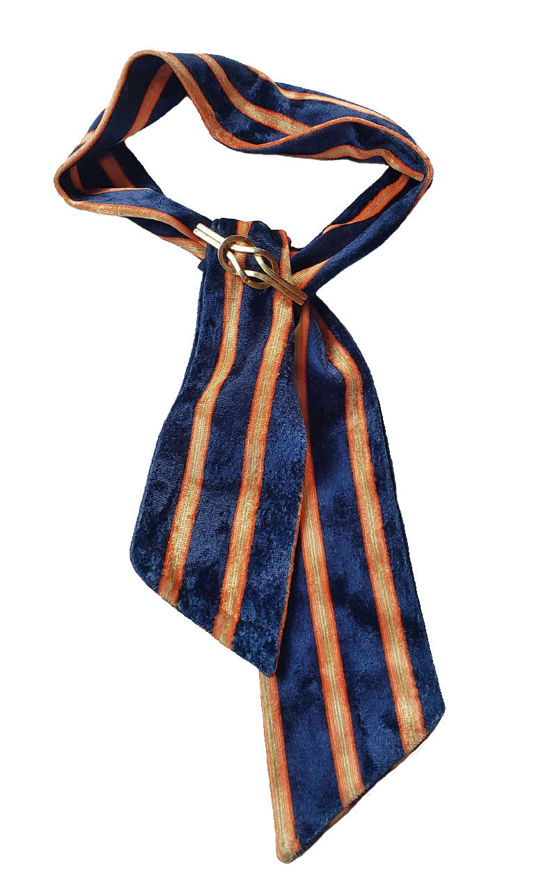 Velvet Neon Striped Skinny Neck Tie w/Vintage Brooch