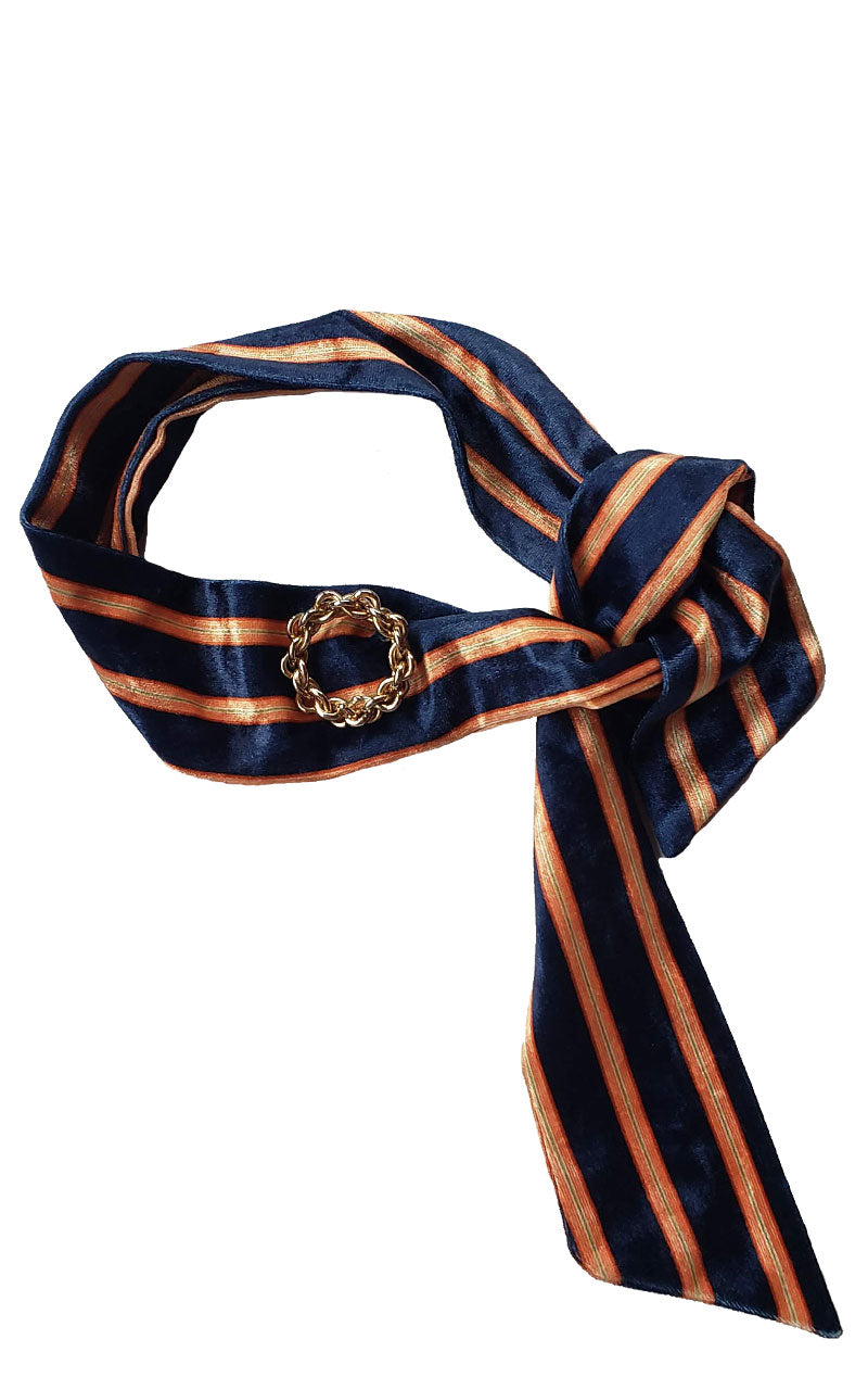 Velvet Neon Striped Skinny Neck Tie w/Vintage Brooch