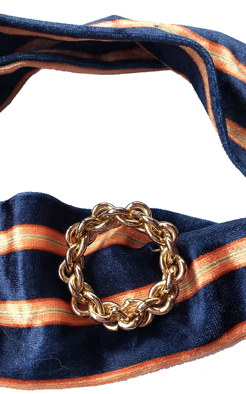 Velvet Neon Striped Skinny Neck Tie w/Vintage Brooch