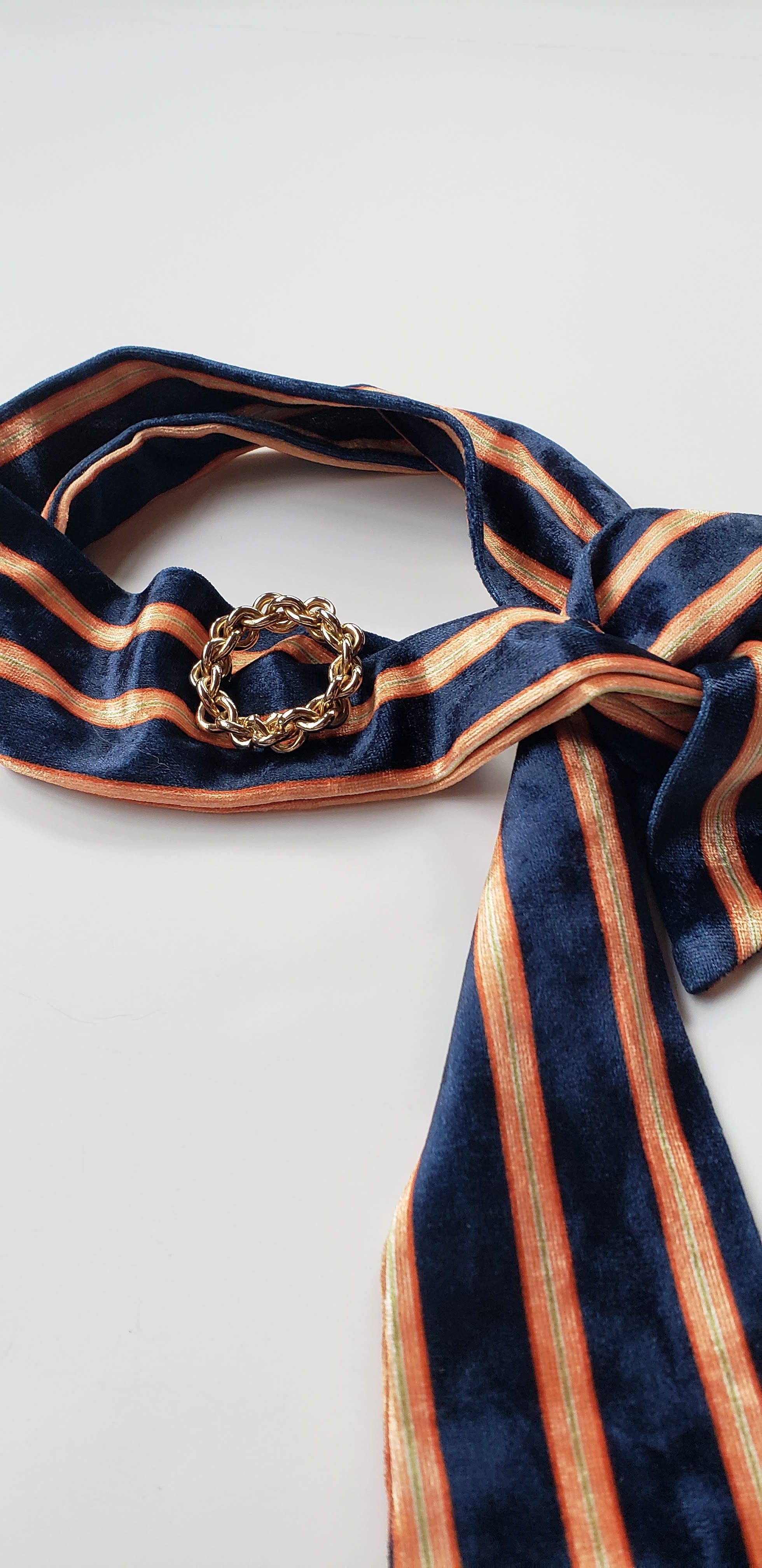 Velvet Neon Striped Skinny Neck Tie w/Vintage Brooch