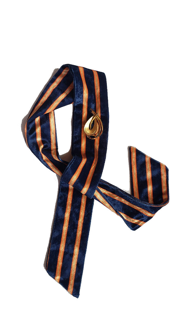Velvet Neon Striped Skinny Neck Tie w/Vintage Brooch