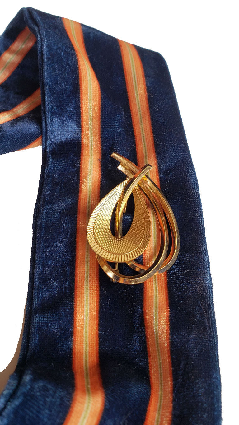 Velvet Neon Striped Skinny Neck Tie w/Vintage Brooch