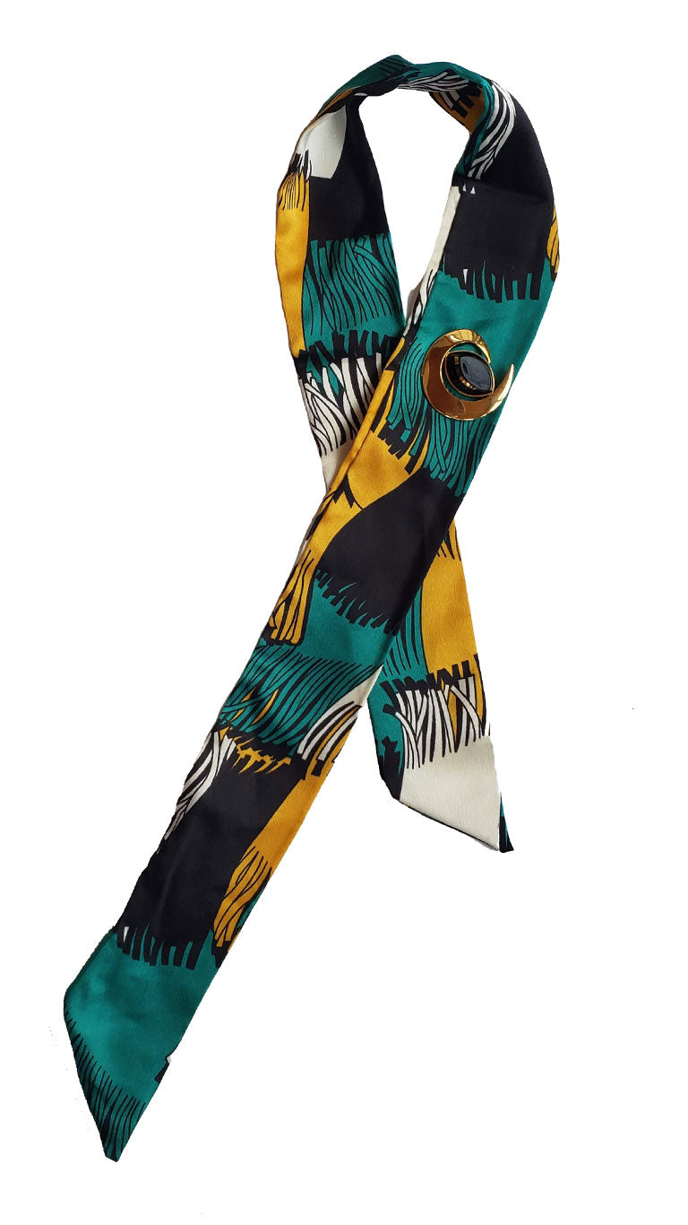 Tropical Print Skinny Neck Tie w/Vintage Brooch