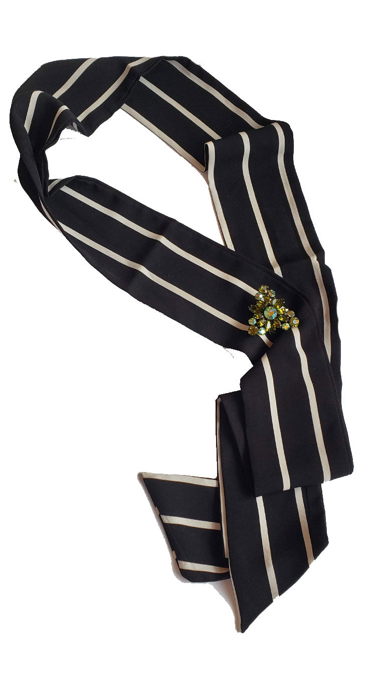 Black & White Striped Skinny Neck Tie w/Vintage Brooch
