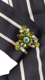 Black & White Striped Skinny Neck Tie w/Vintage Brooch