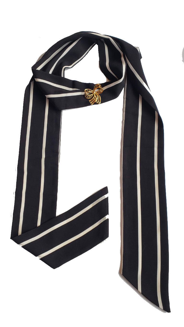 Black & White Striped Skinny Neck Tie w/Vintage Brooch
