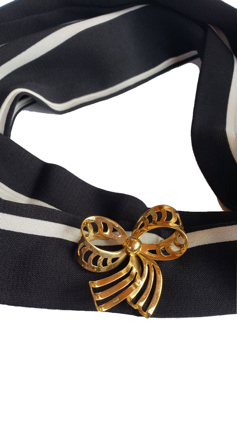 Black & White Striped Skinny Neck Tie w/Vintage Brooch