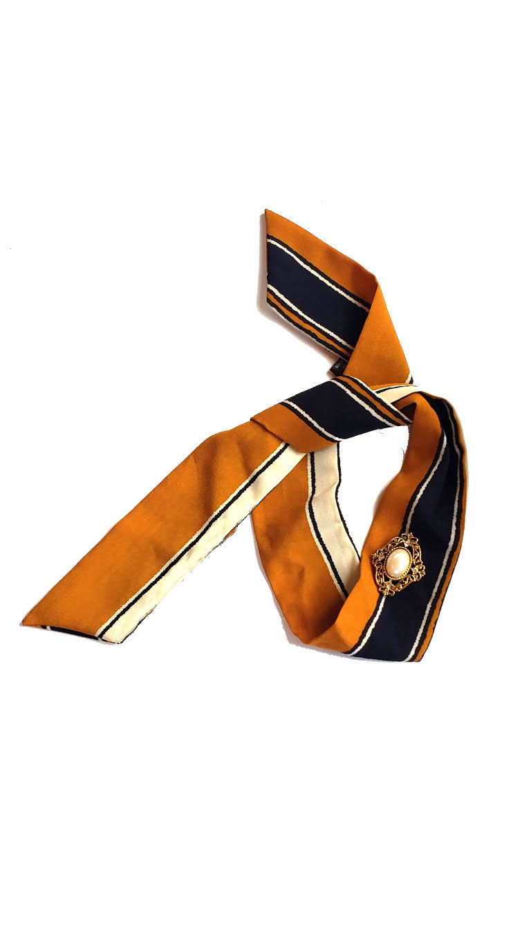 Striped Skinny Neck Tie w/Vintage Brooch