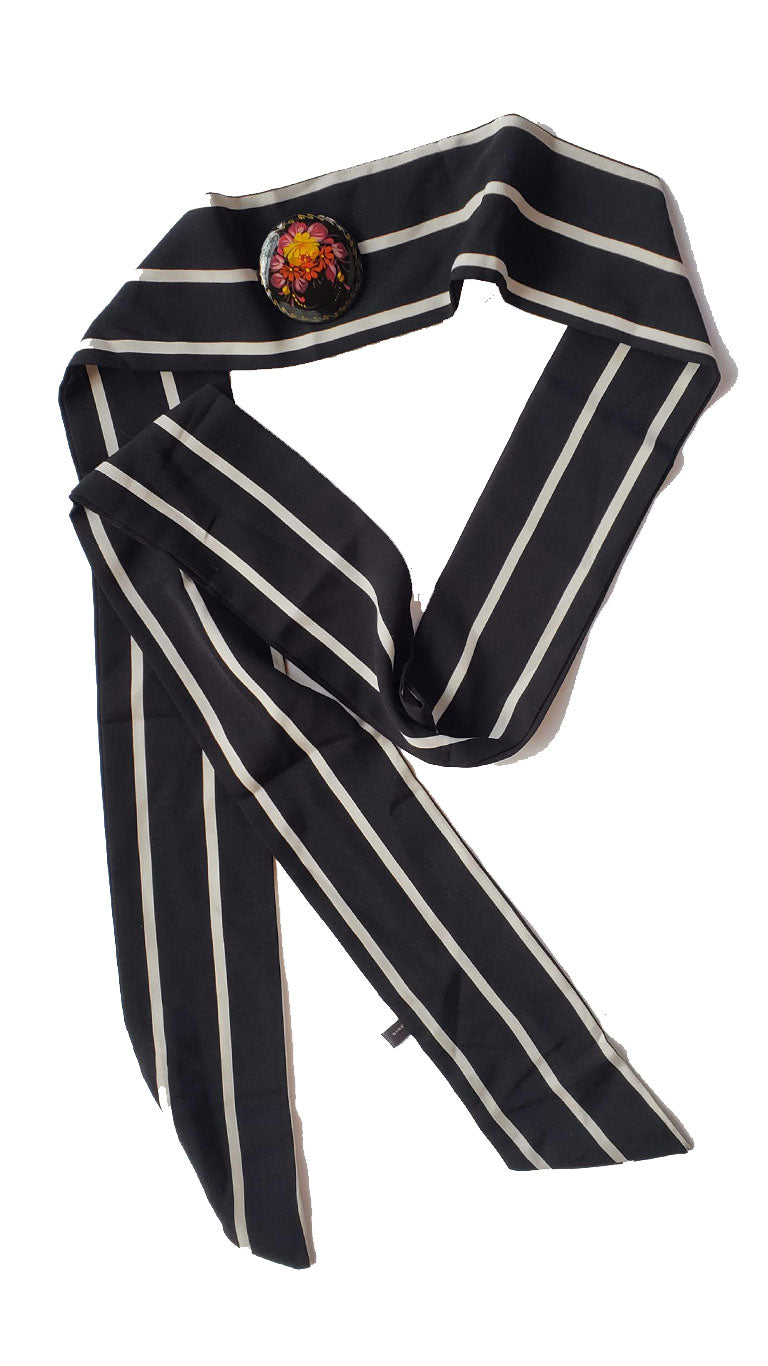 Black & White Striped Skinny Neck Tie w/Vintage Brooch