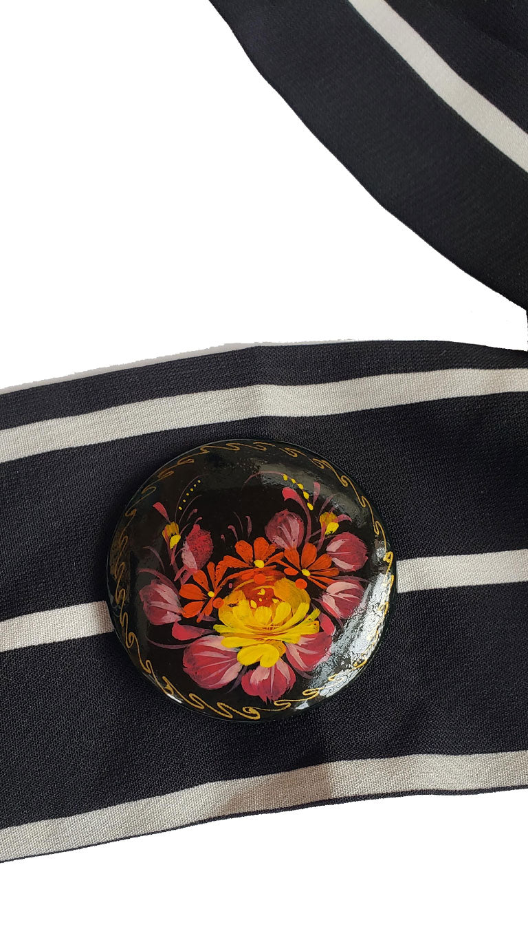 Black & White Striped Skinny Neck Tie w/Vintage Brooch