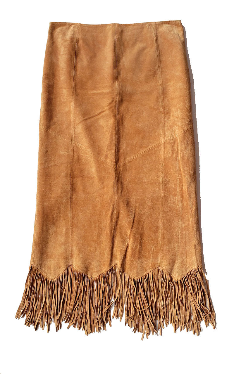 Tan Suede Long Fringe Skirt