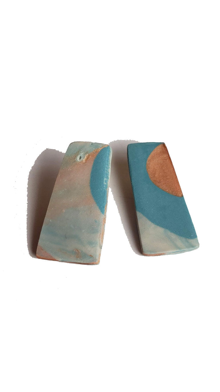 Handmade Oblong Polymer Clay Earrings - Teal/Copper
