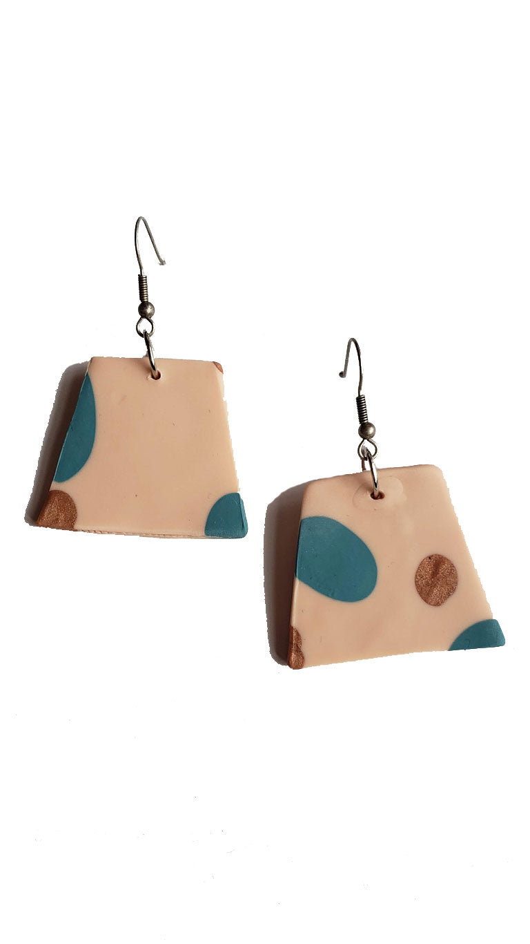 Handmade Large Polymer Clay Dangle Earrings - Beige/Teal/Copper