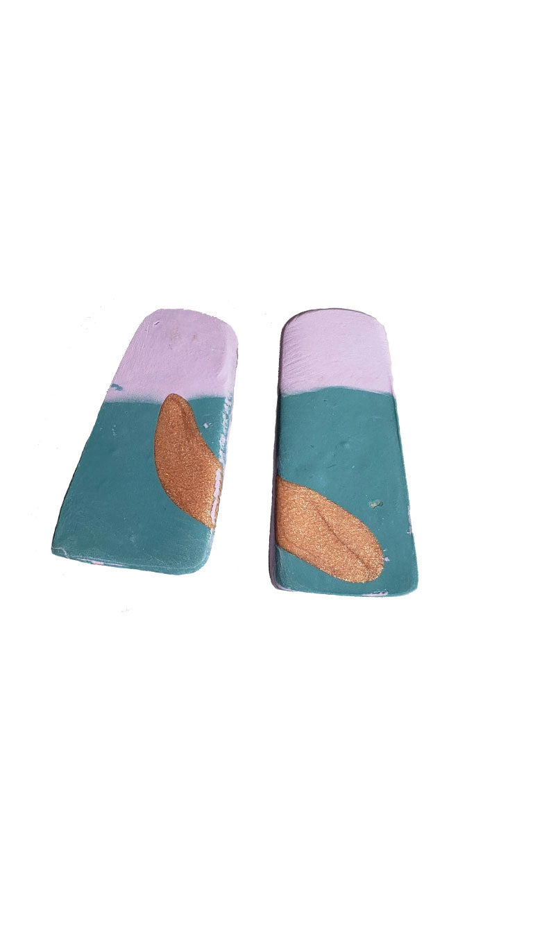 Handmade Oblong Polymer Clay Earrings - Teal/Purple/Copper
