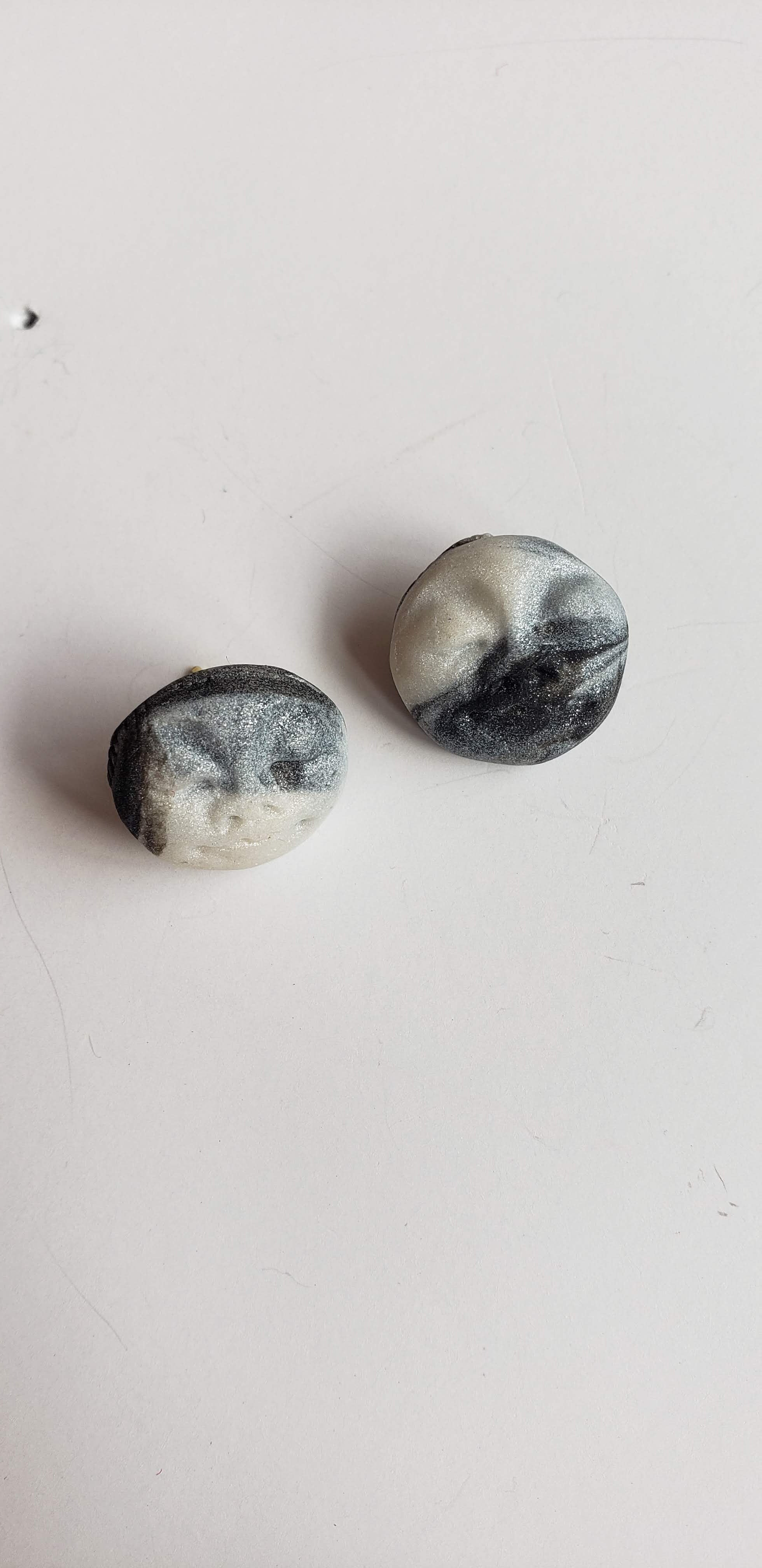 Handmade Moon Face Polymer Clay Earrings - Cream/Black Metallic