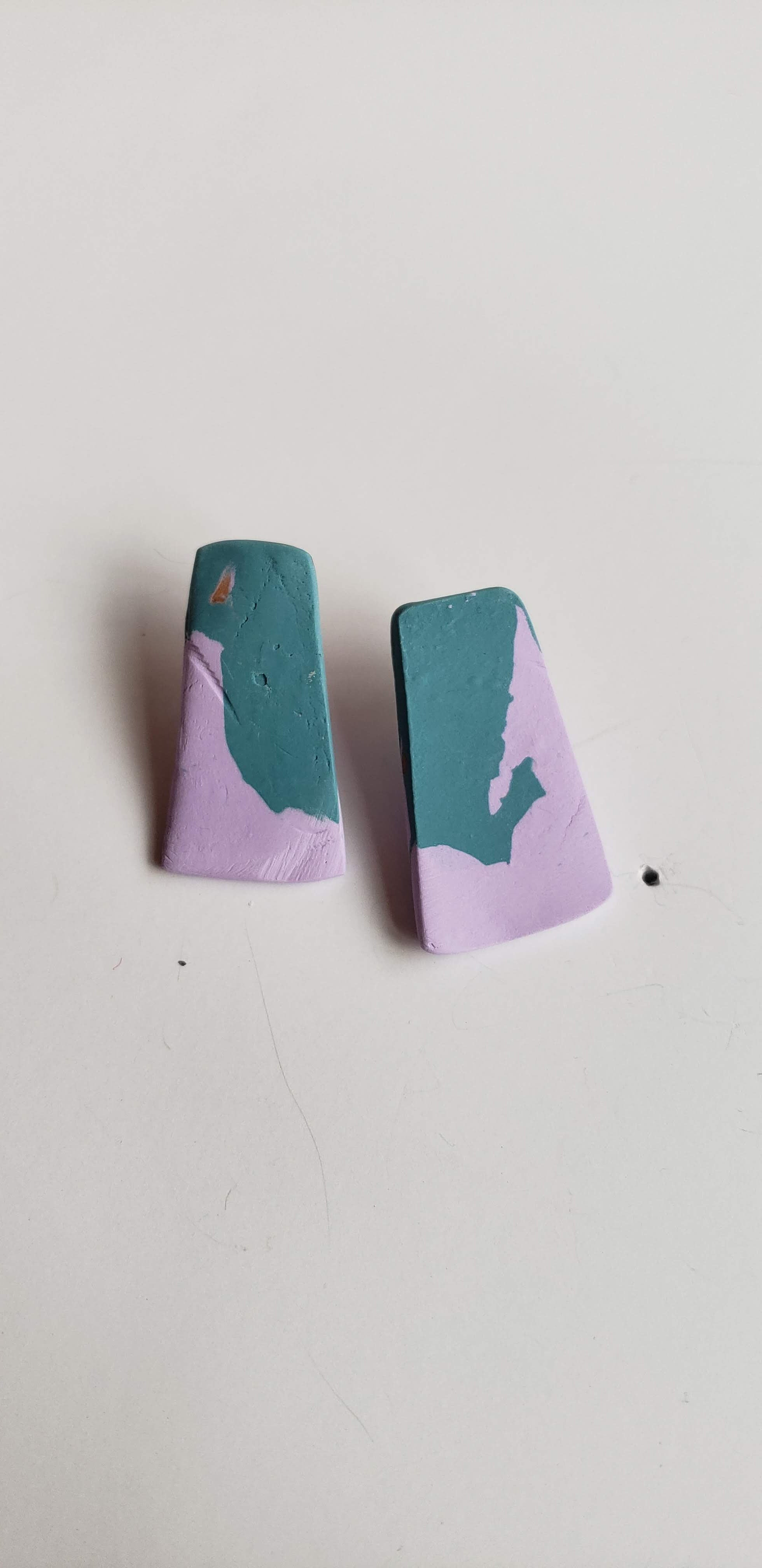 Handmade Oblong Polymer Clay Earrings - Purple/Teal