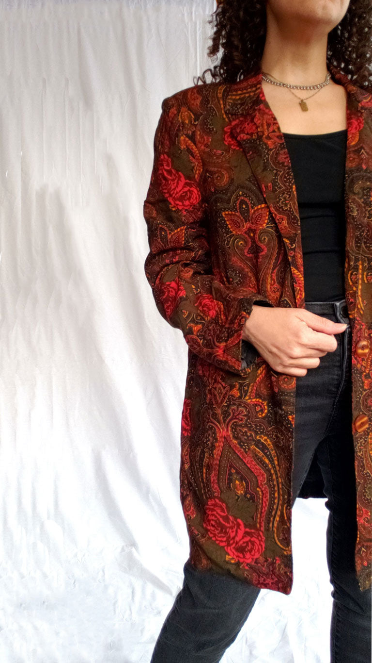 90s Vintage Red Floral Long Blazer