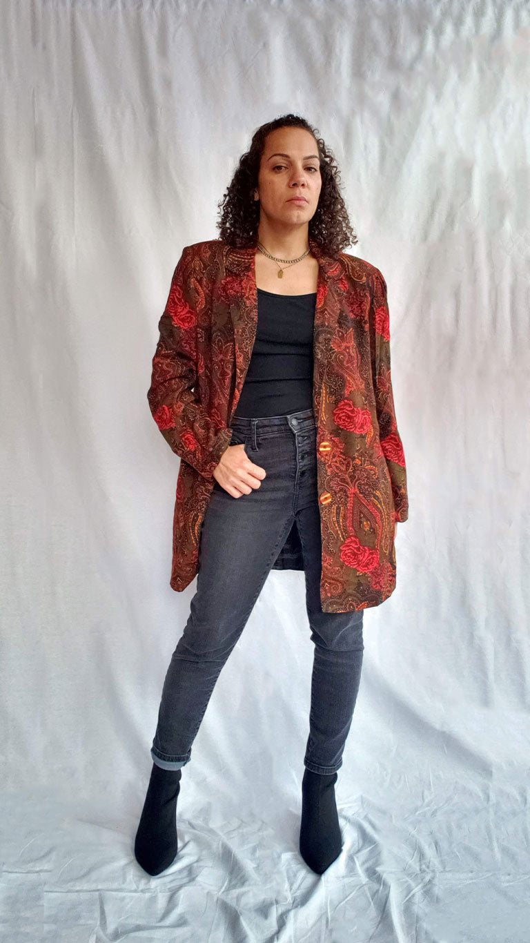 90s Vintage Red Floral Long Blazer