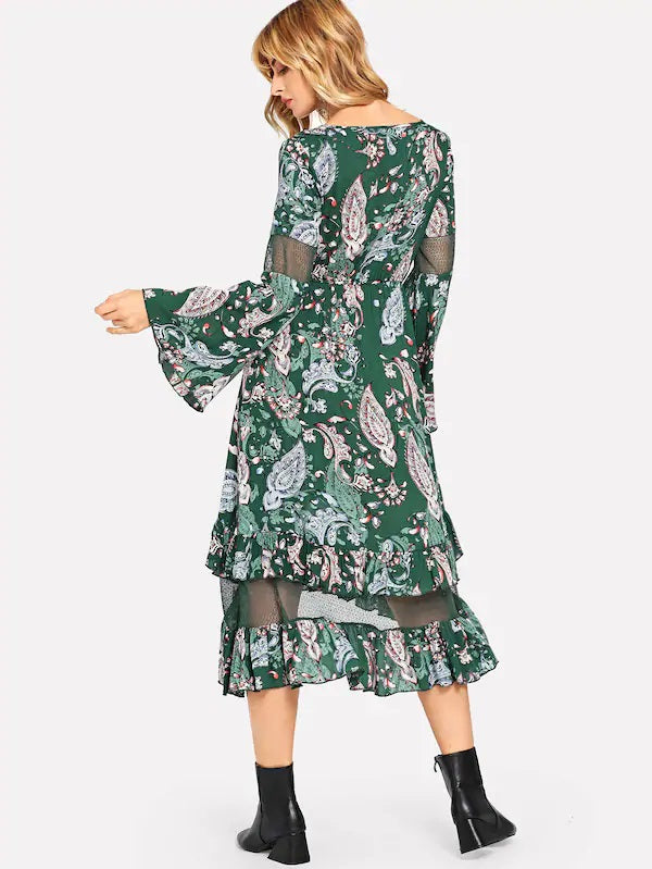 The Paisley Park Emerald Flare Sleeve Dress