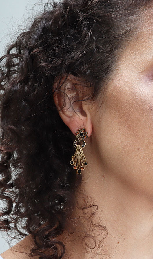Shooting Star Antiqued Gold with Black & Amber Gemstone Earrings