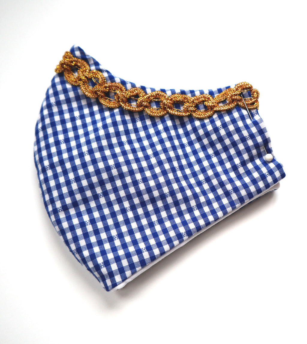 Blue Check Mask w/ Gold Braiding Trim & Filter Pocket