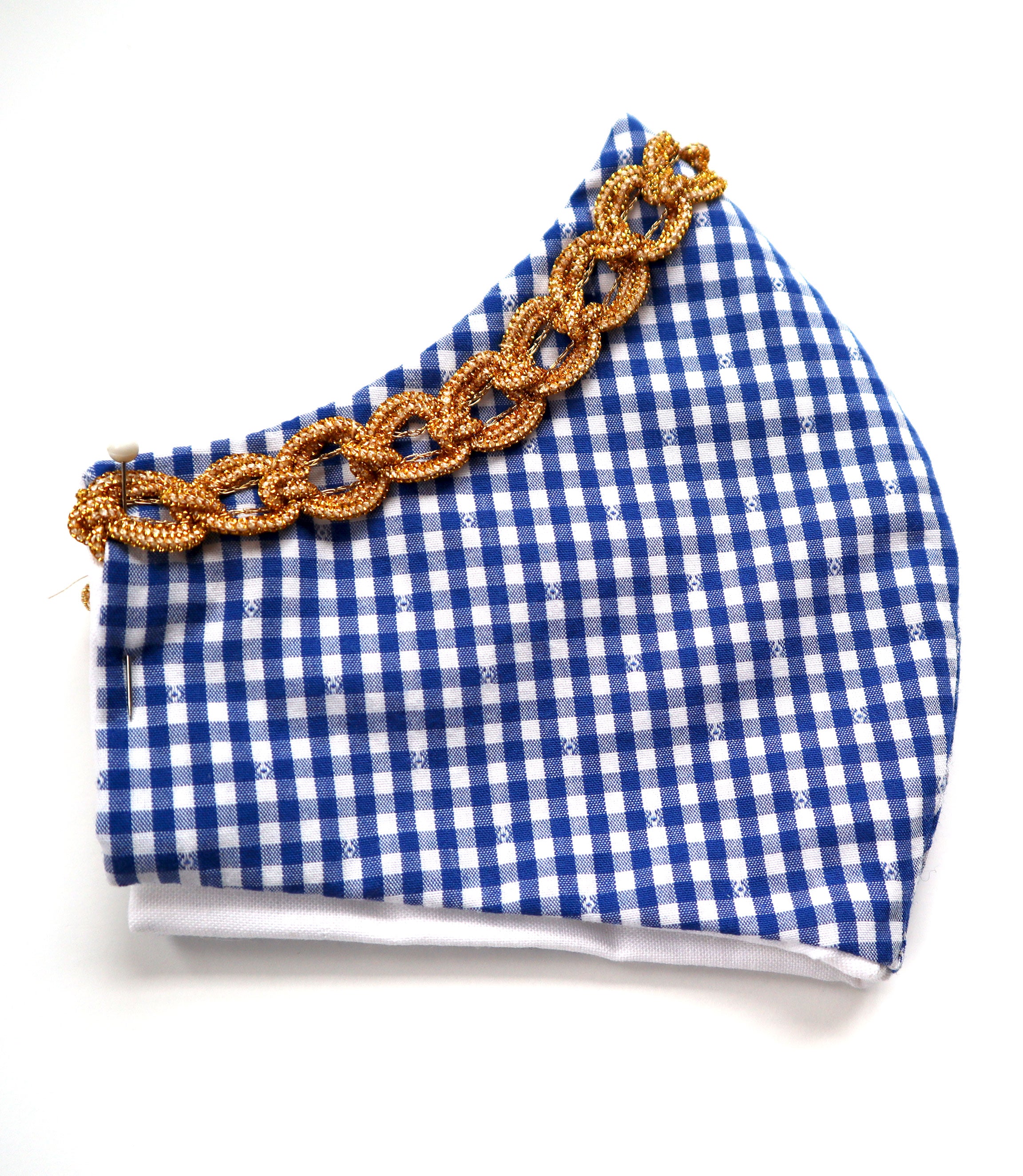 Blue Check Mask w/ Gold Braiding Trim & Filter Pocket