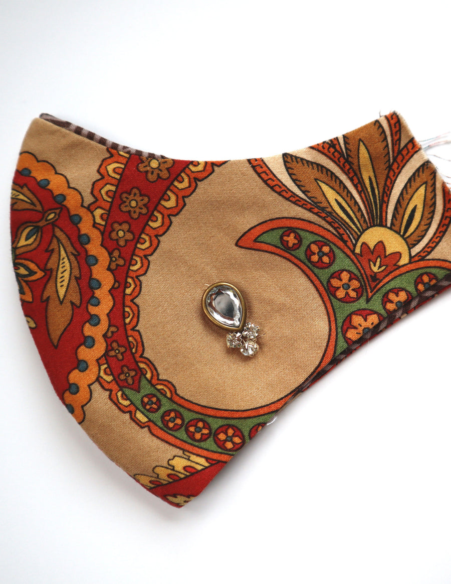 Taupe Paisley Mask w/Rhinestone Bead Trim & Filter Pocket