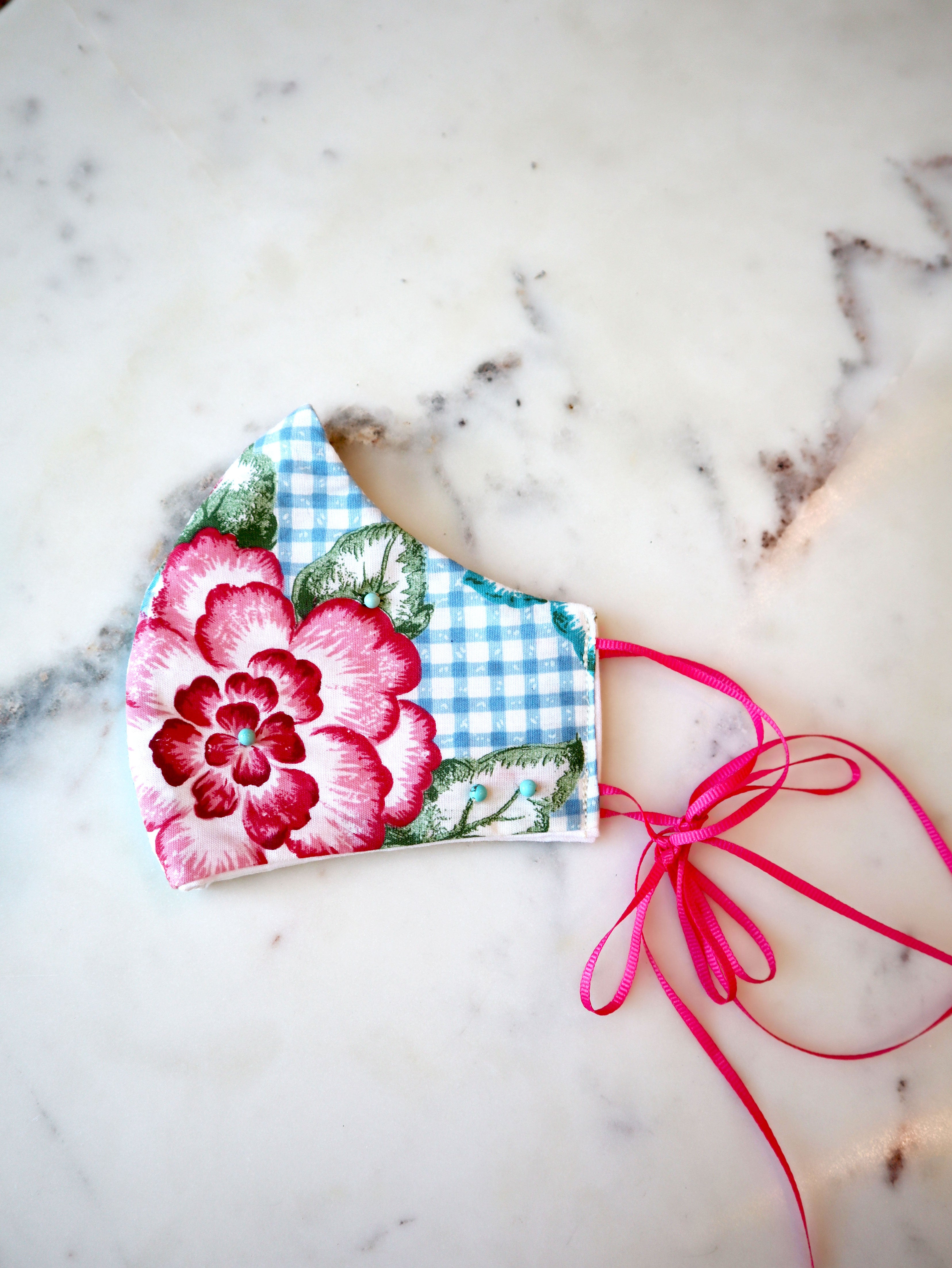 Teal Check & Pink Floral Mask w/Filter Pocket