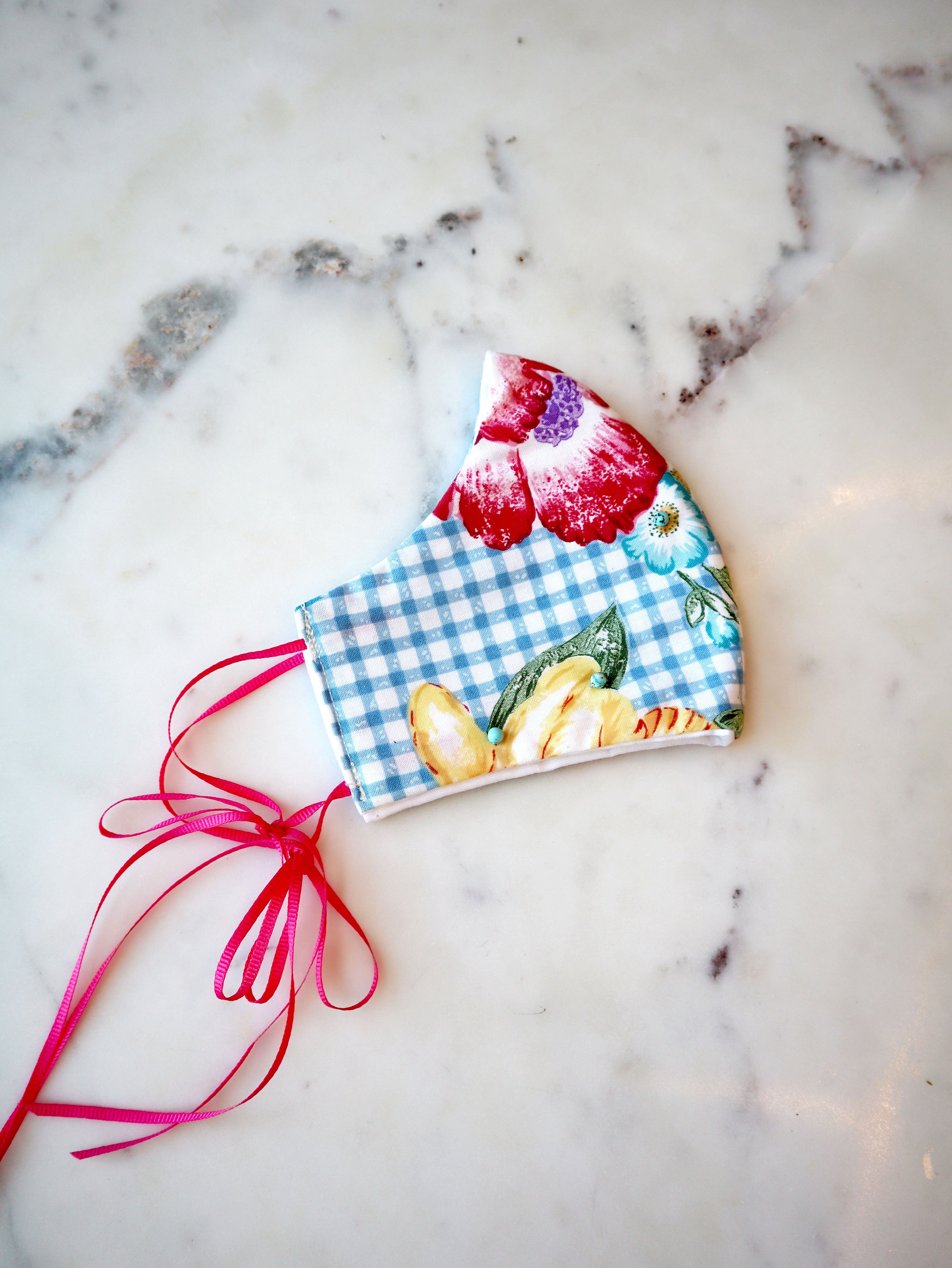 Teal Check & Pink Floral Mask w/Filter Pocket