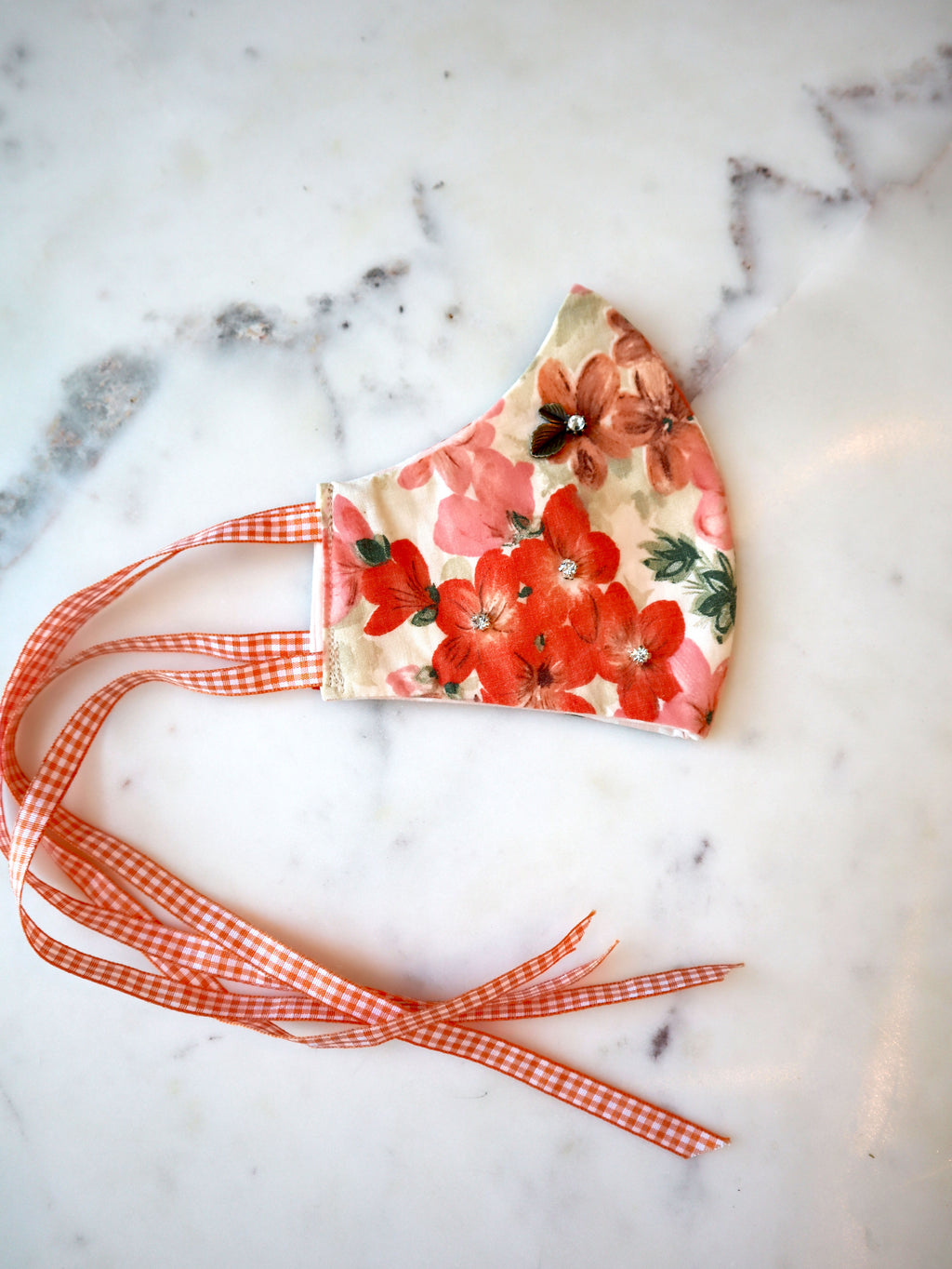 Reversible Coral Floral Mask w/Rhinestone Beading