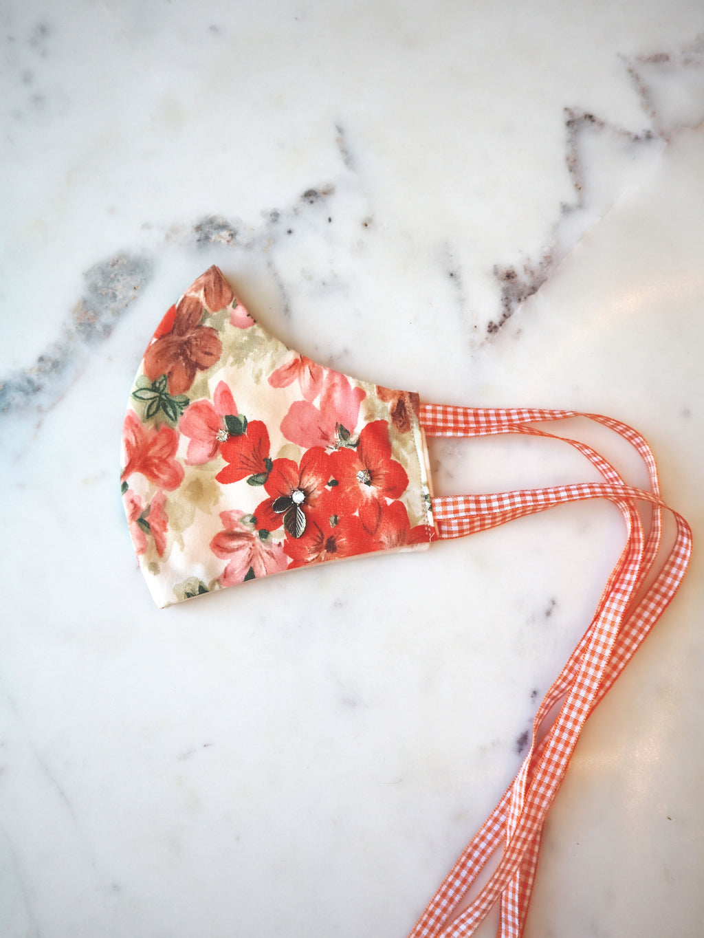 Reversible Coral Floral Mask w/Rhinestone Beading