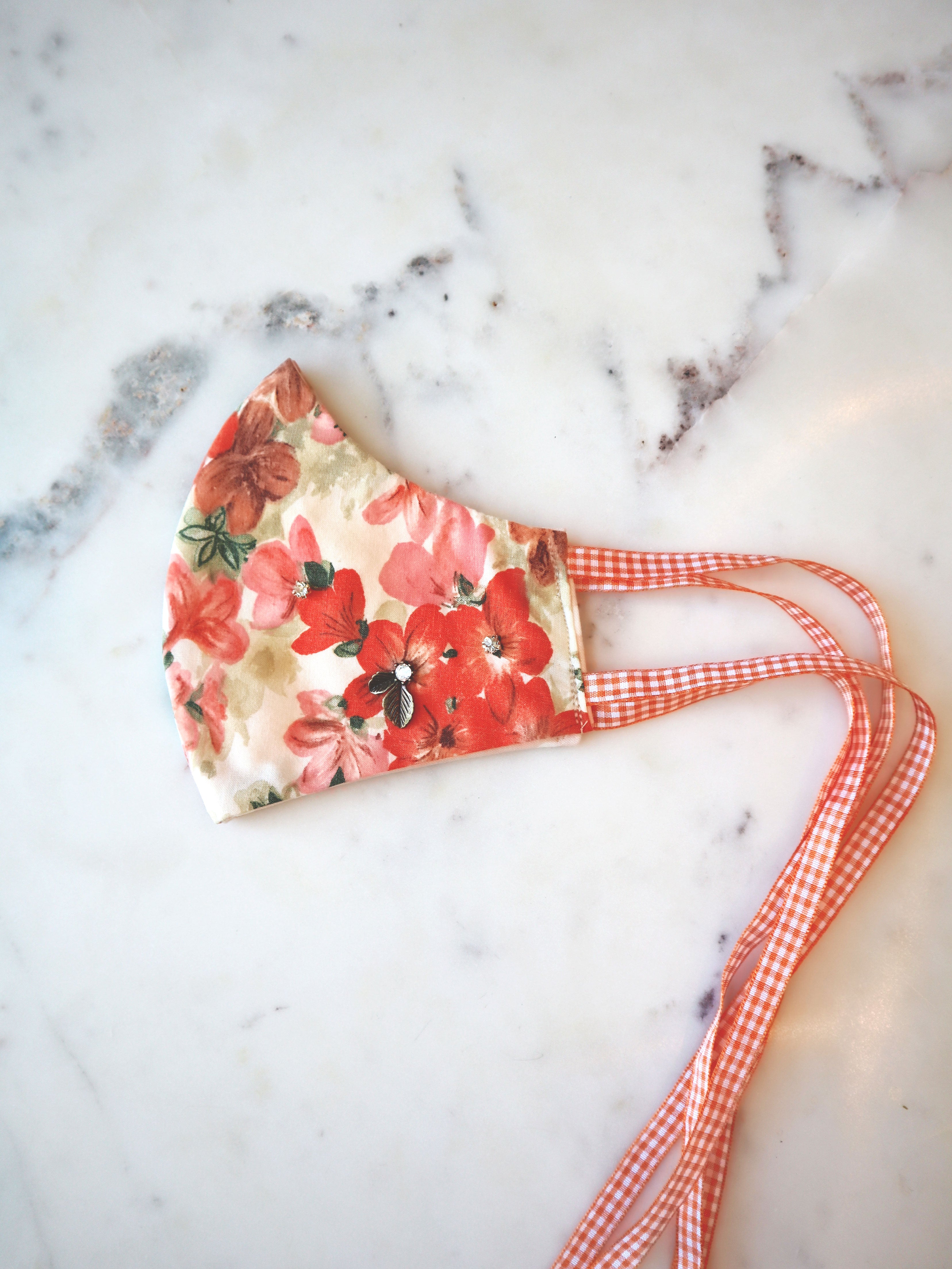 Reversible Coral Floral Mask w/Rhinestone Beading