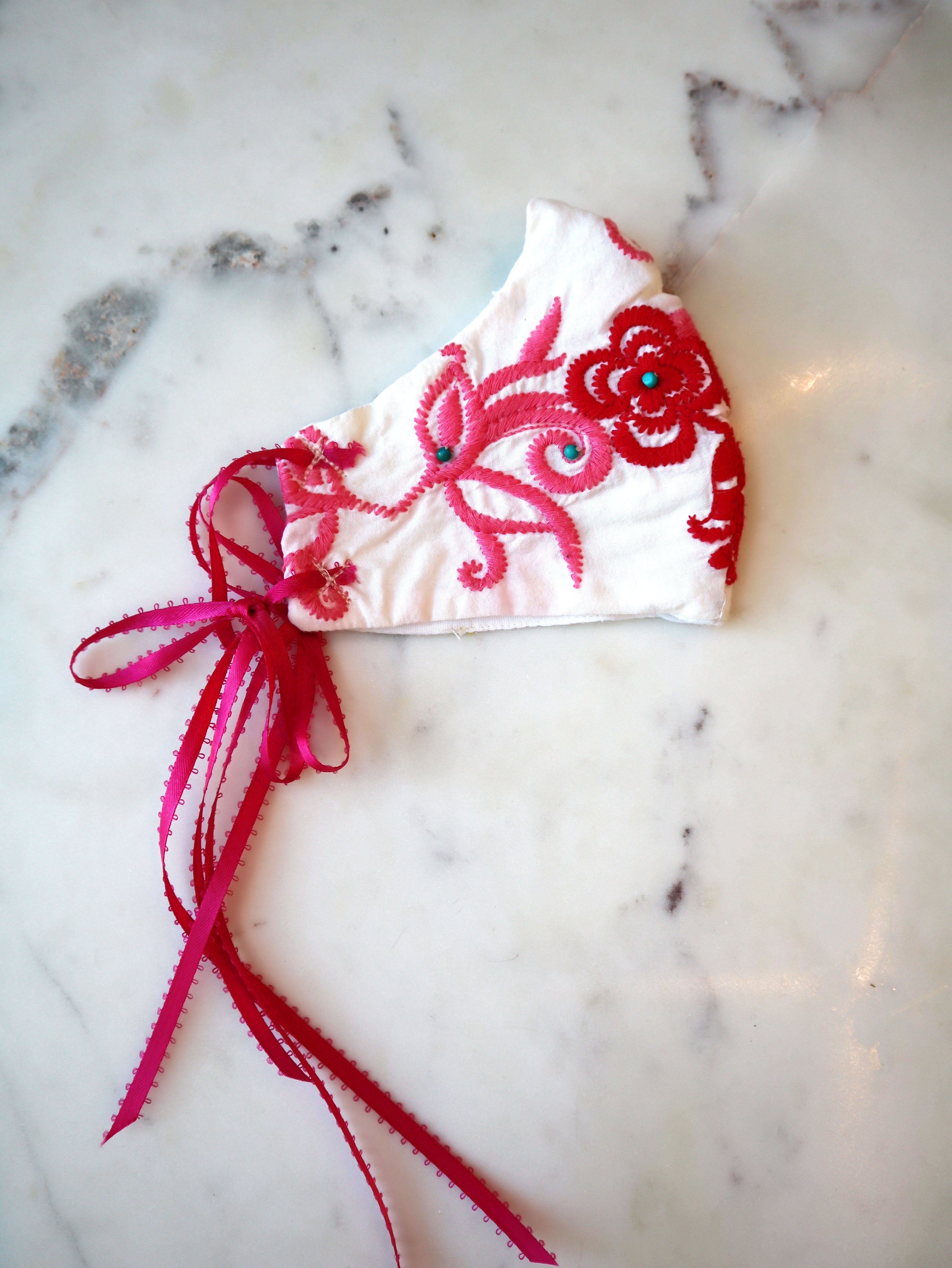 Embroidered Pink Floral with Teal Beads Mask w/ Filter Pocket