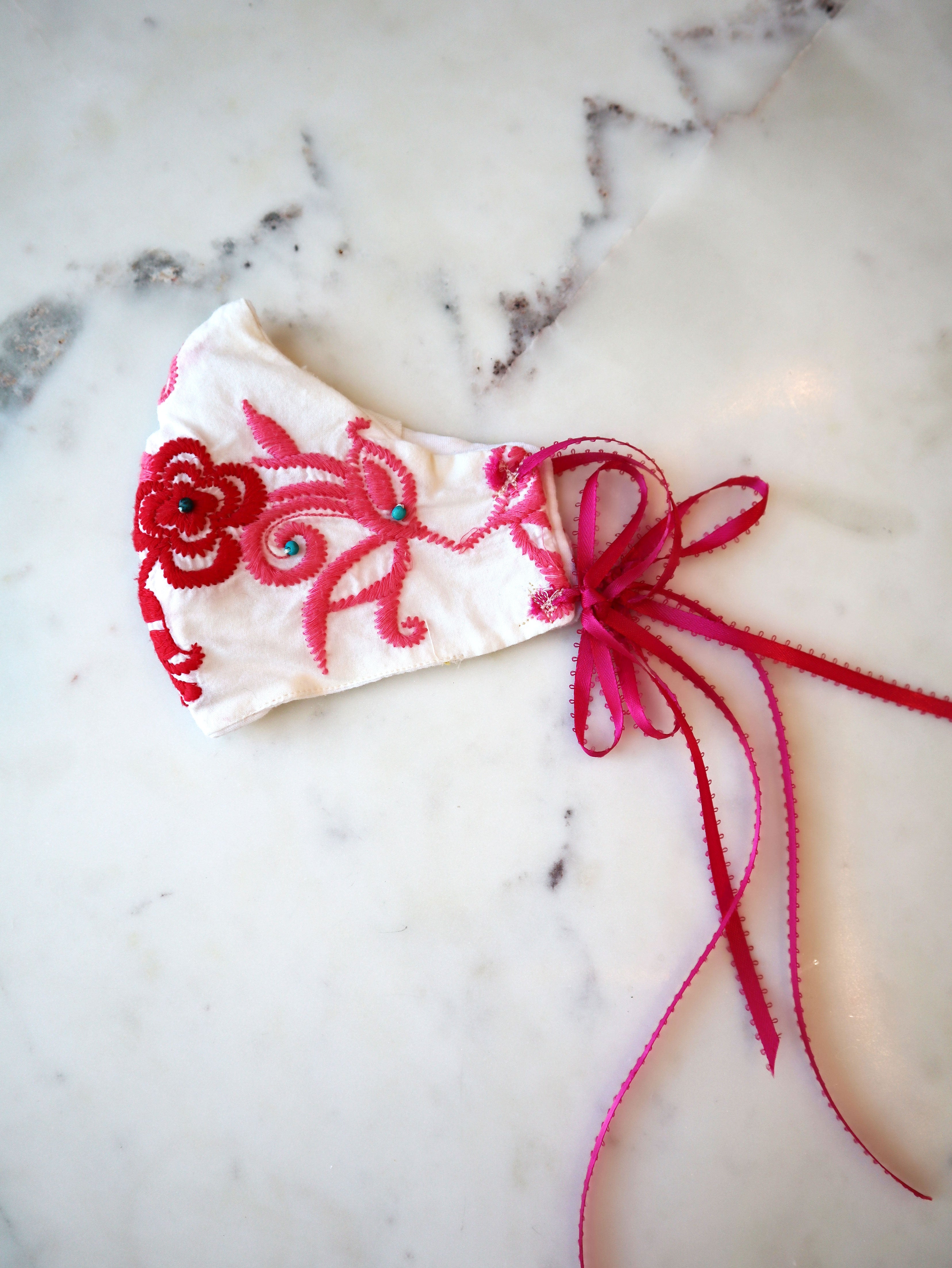 Embroidered Pink Floral with Teal Beads Mask w/ Filter Pocket
