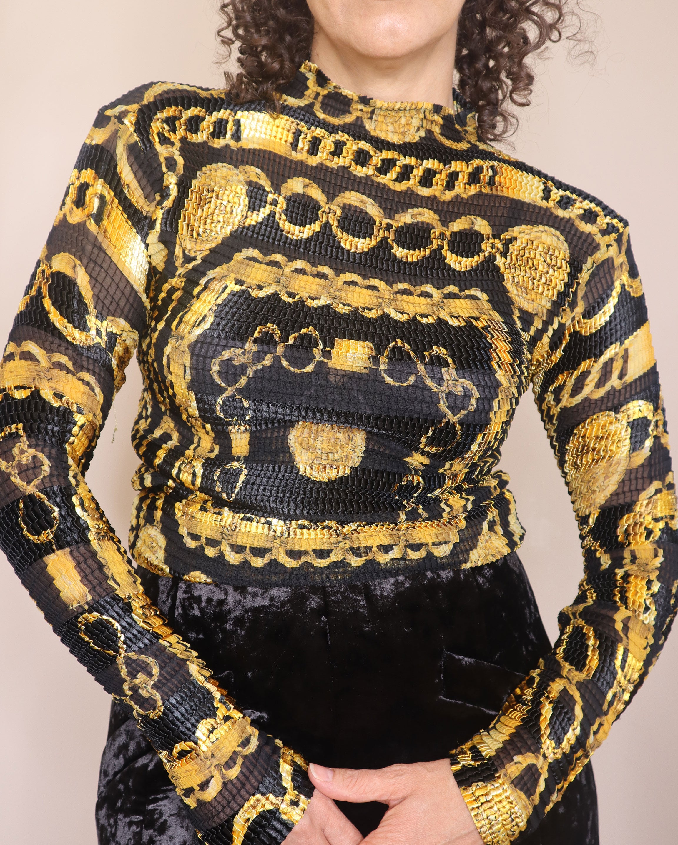 Black & Gold Scarf Print Crinkle Top