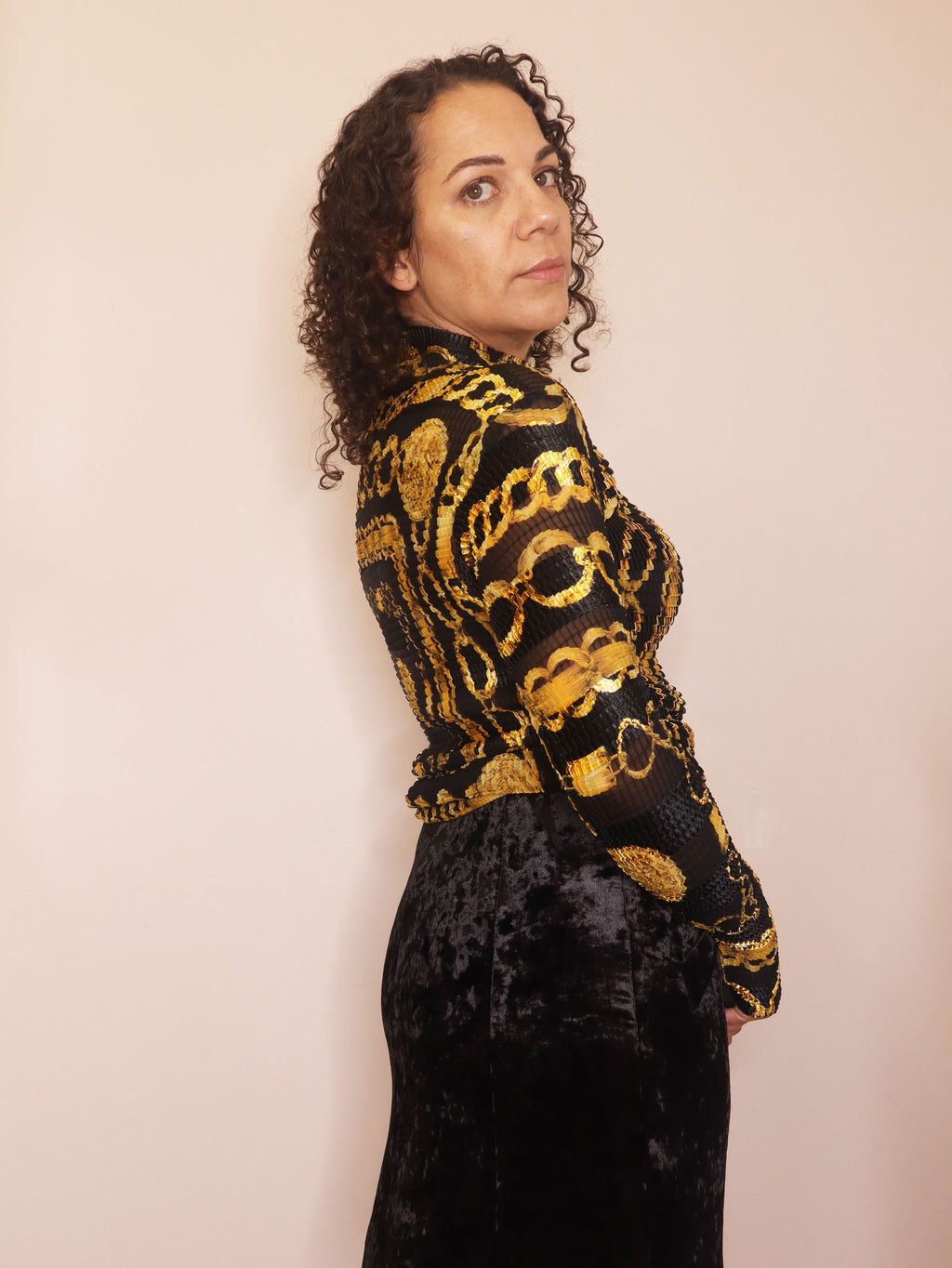 Black & Gold Scarf Print Crinkle Top