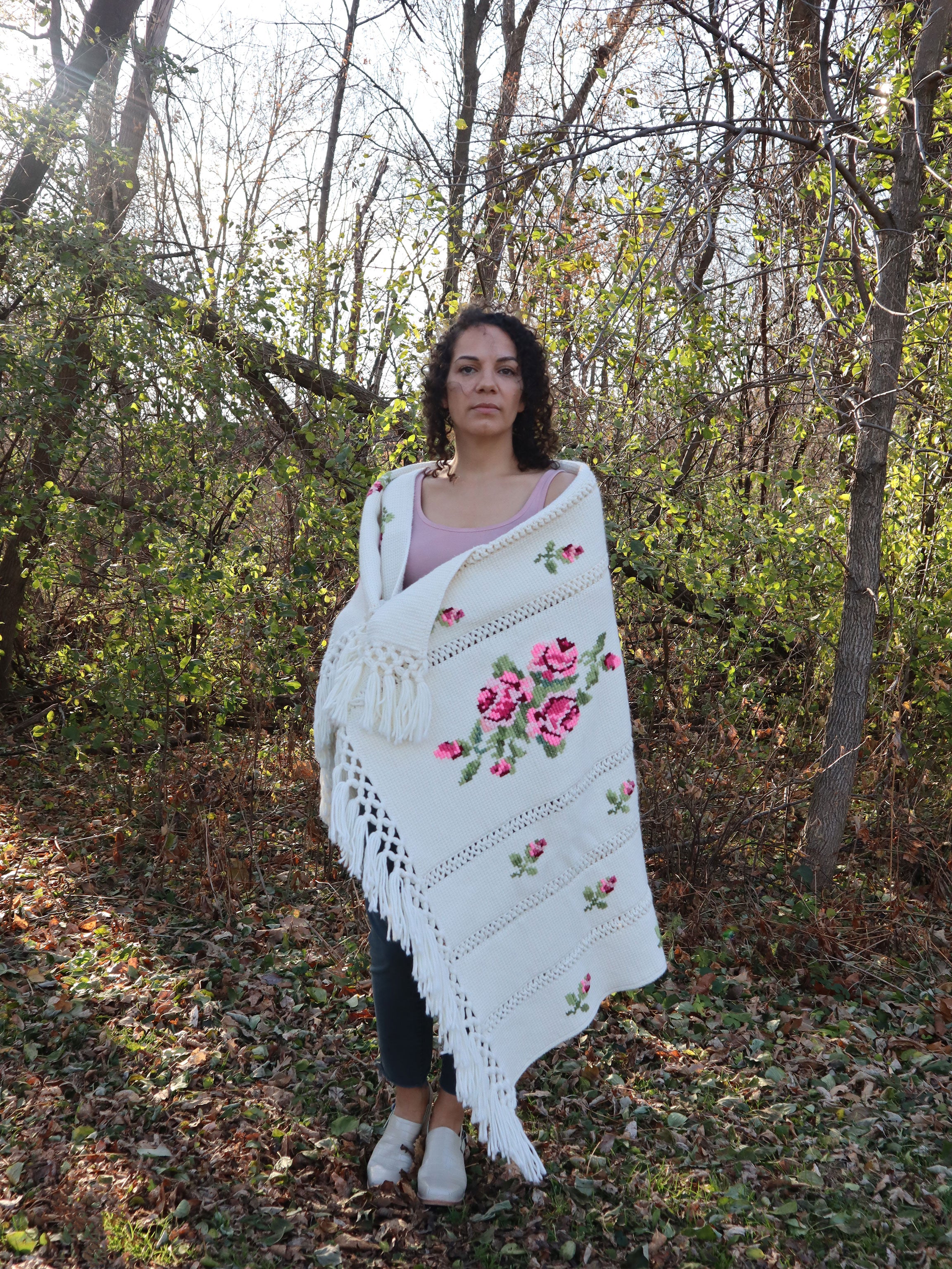 Vintage Handmade Cream Fringe Embroidered Cottagecore Afghan