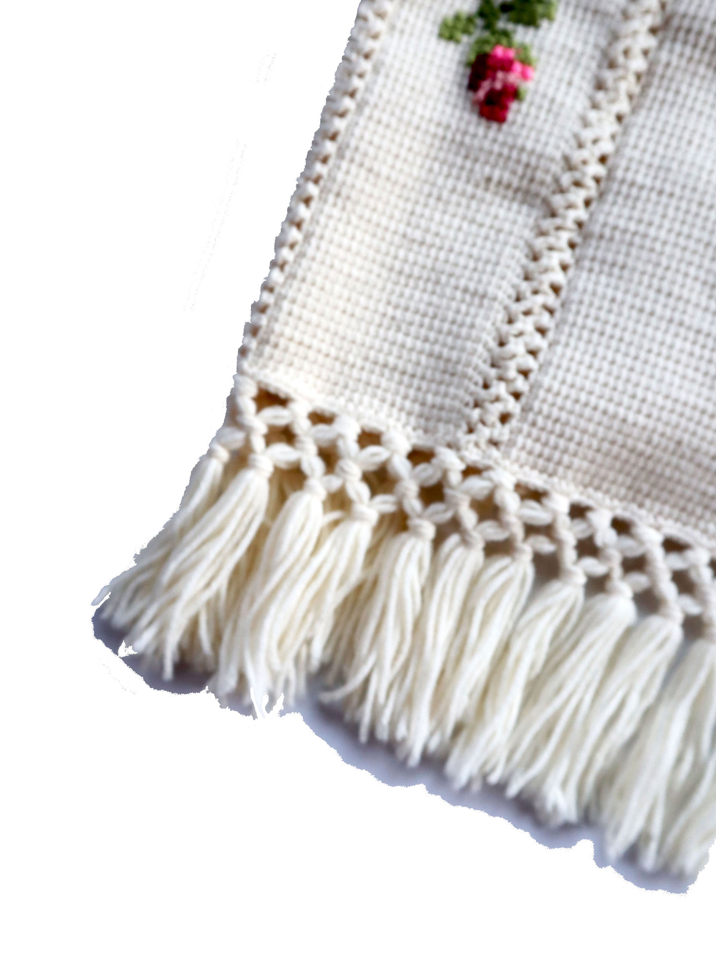 Vintage Handmade Cream Fringe Embroidered Cottagecore Afghan