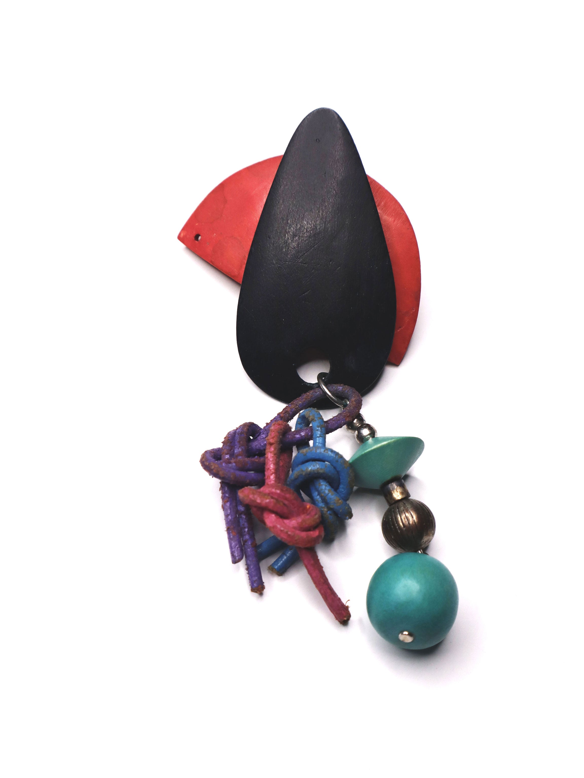 Rare Vintage 80s Wood & Leather Brooch