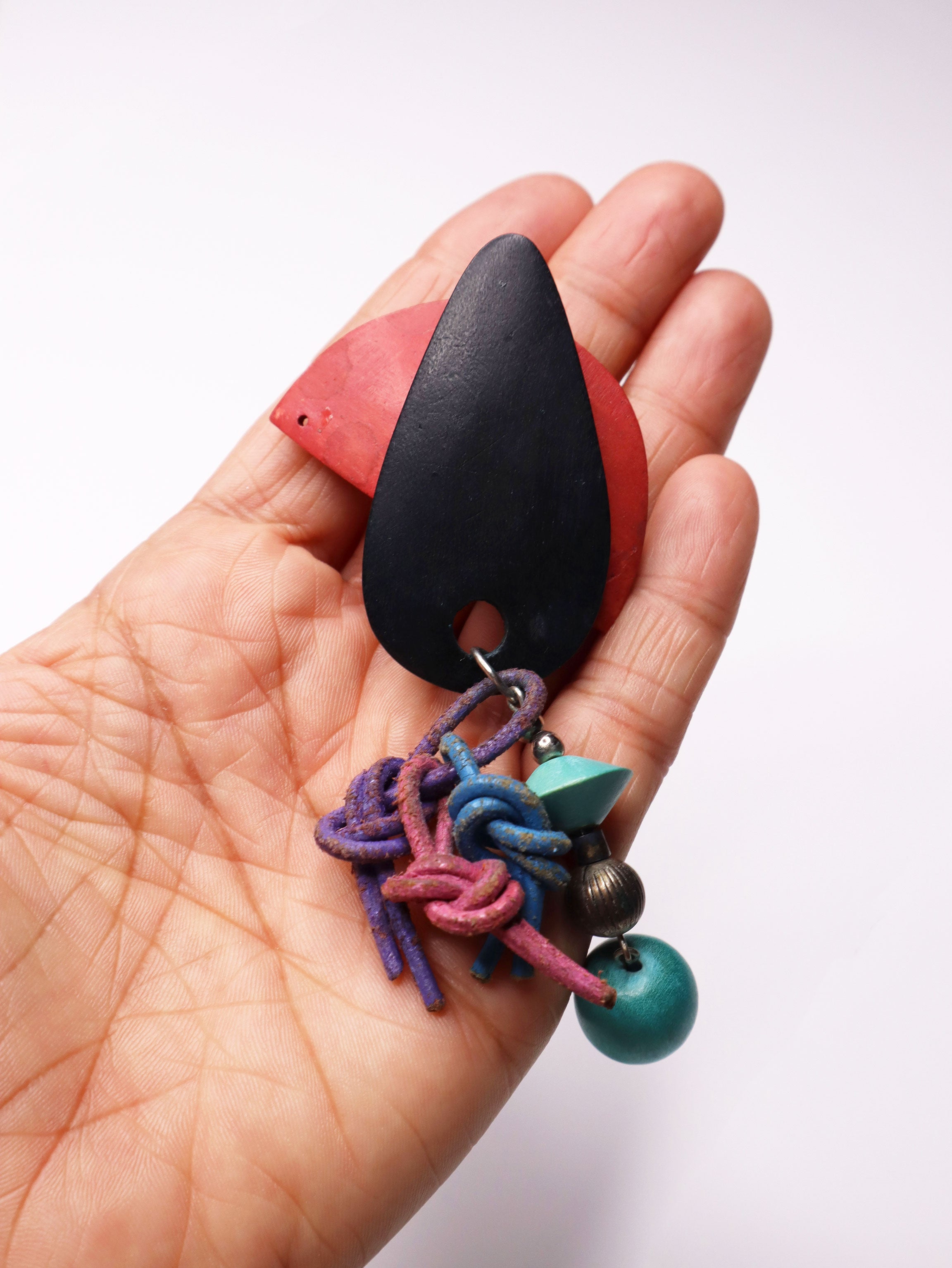 Rare Vintage 80s Wood & Leather Brooch