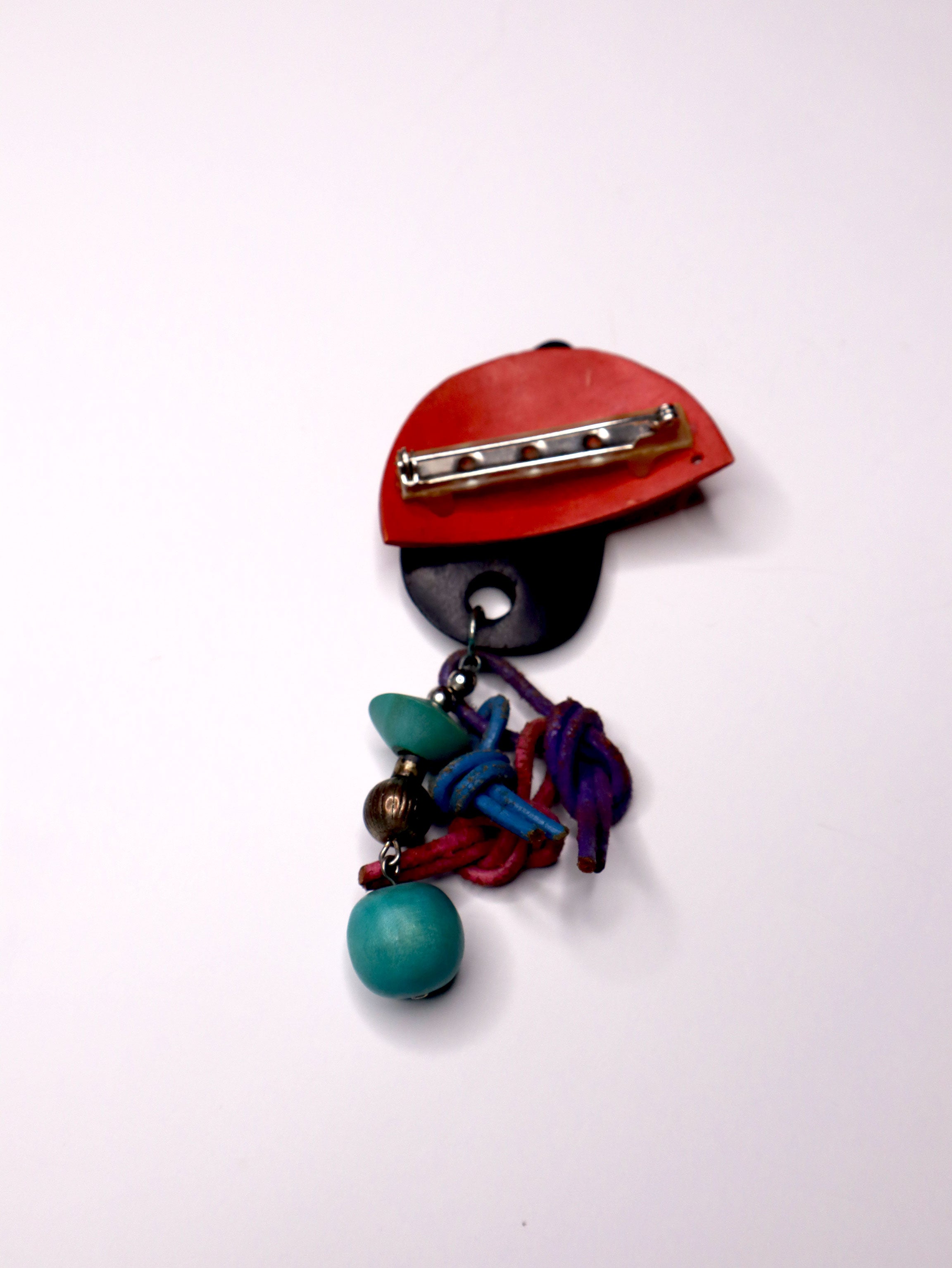 Rare Vintage 80s Wood & Leather Brooch