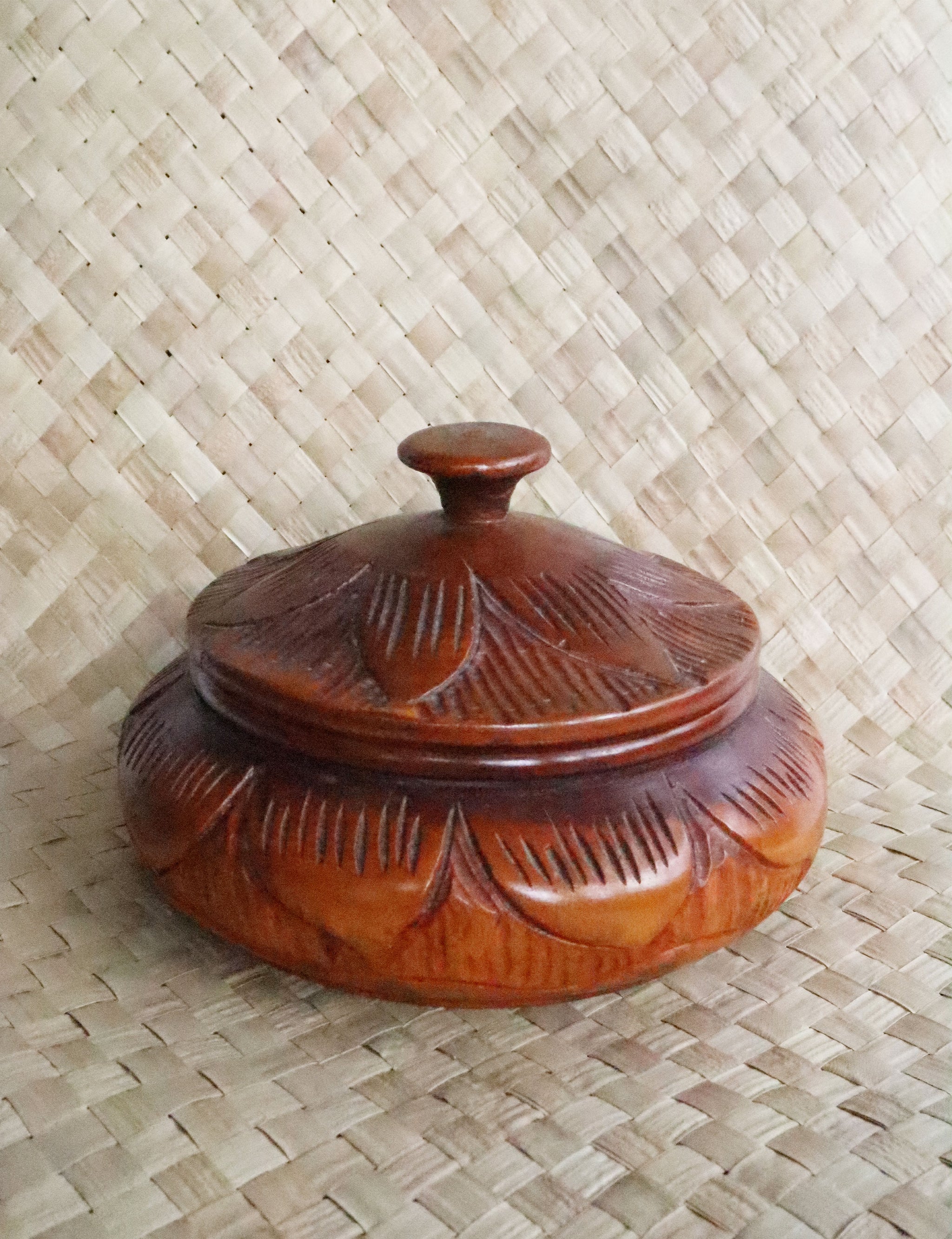 Vintage Large Hand Carved Wooden Bowl with Lid