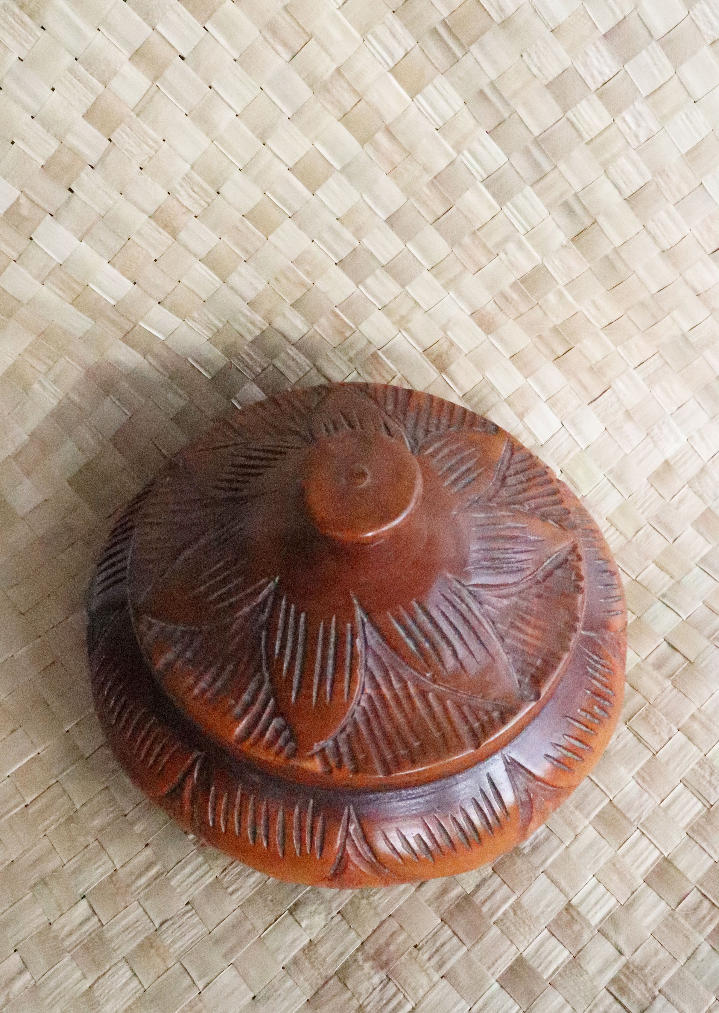 Vintage Large Hand Carved Wooden Bowl with Lid