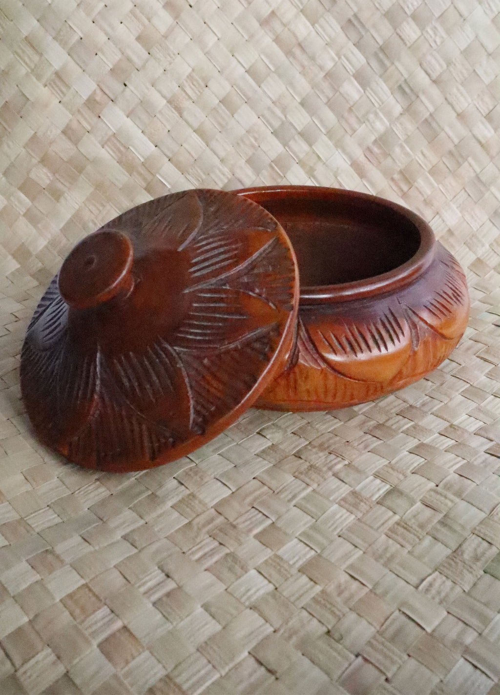 Vintage Large Hand Carved Wooden Bowl with Lid