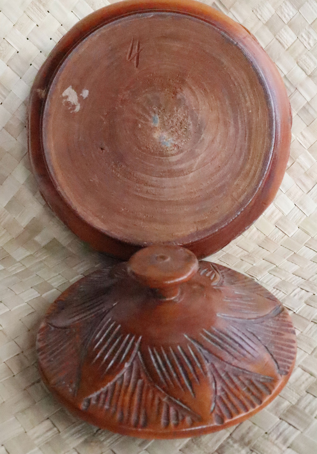 Vintage Large Hand Carved Wooden Bowl with Lid