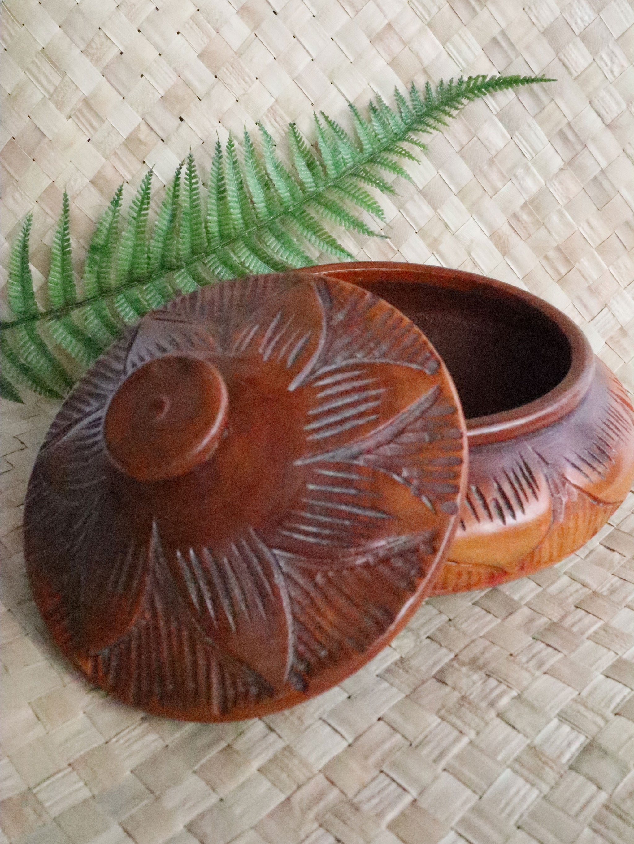 Vintage Large Hand Carved Wooden Bowl with Lid