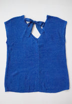 Vintage 80s August Silk Double V-neck Cobalt Blue Sweater with Back Bow