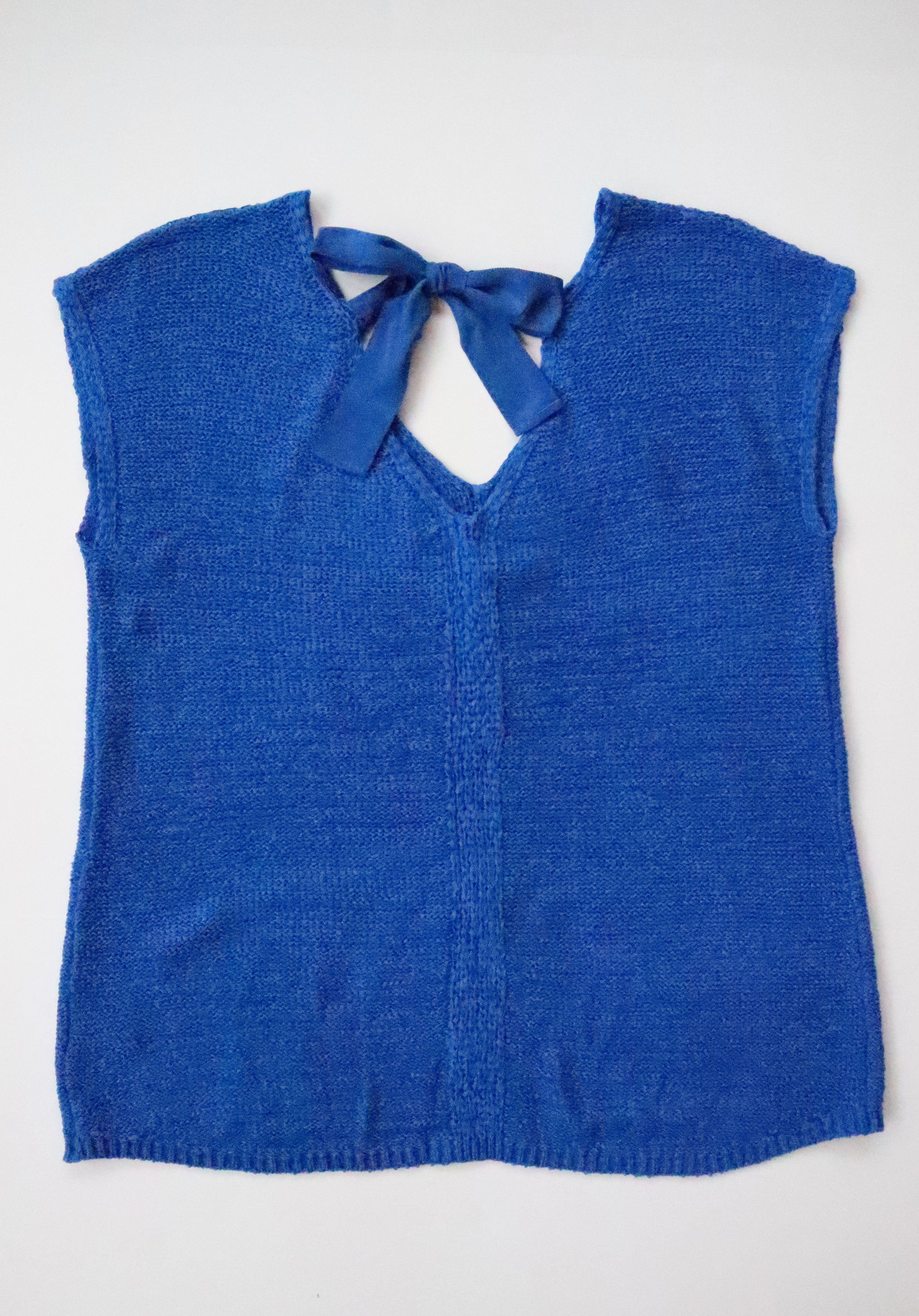 Vintage 80s August Silk Double V-neck Cobalt Blue Sweater with Back Bow