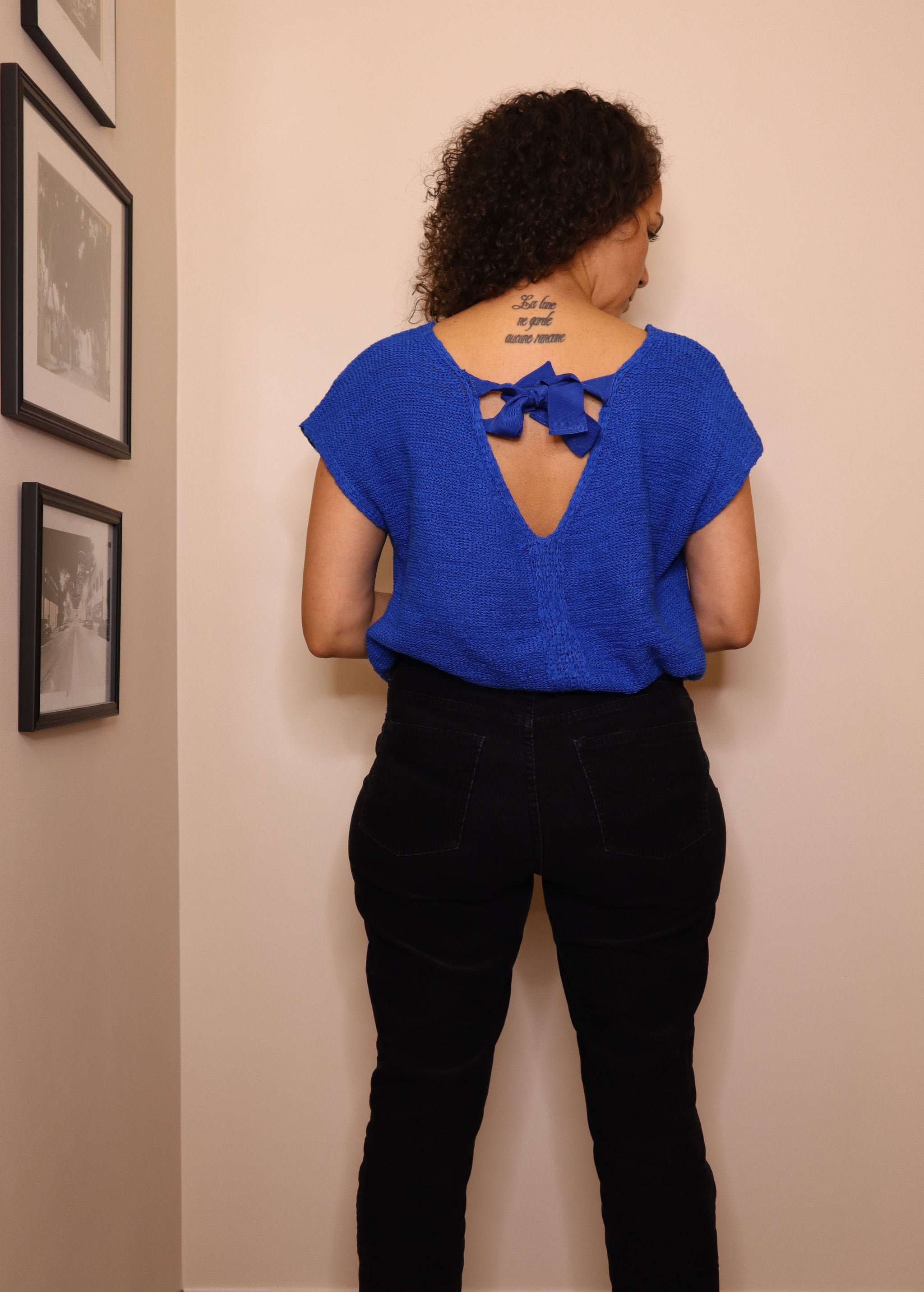 Vintage 80s August Silk Double V-neck Cobalt Blue Sweater with Back Bow